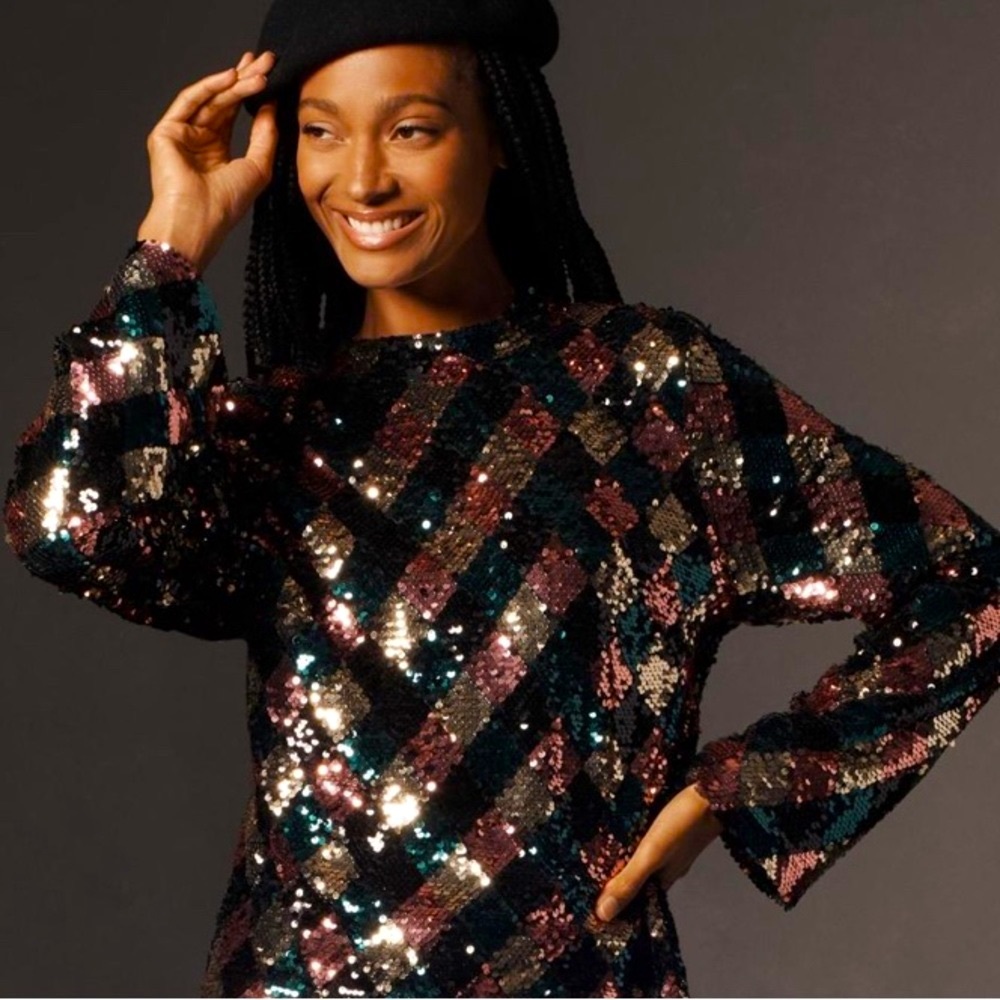 Maeve Long-Sleeve Mock-Neck Sequin Mini Dress - Picture 5 of 14